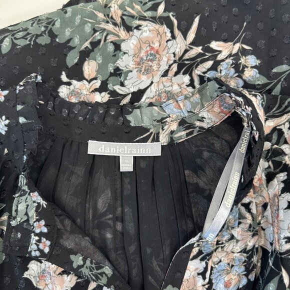 Daniel Rainn Black Floral Long-Sleeve V-Neck Tunic Blouse Women Size XL Pullover - Picture 3 of 15